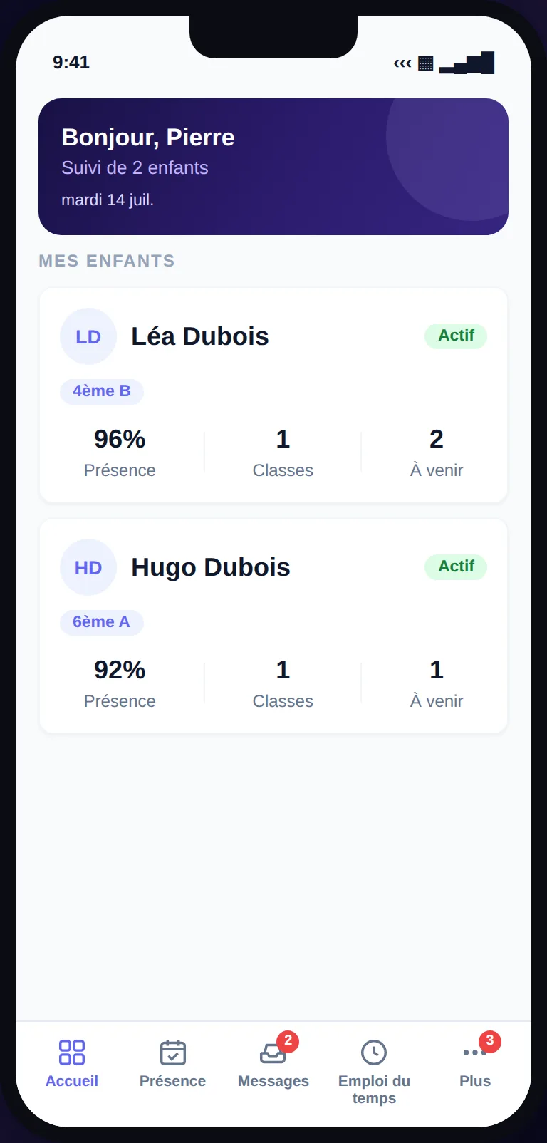 Application parents Skoolia : présence et frais d’un élève