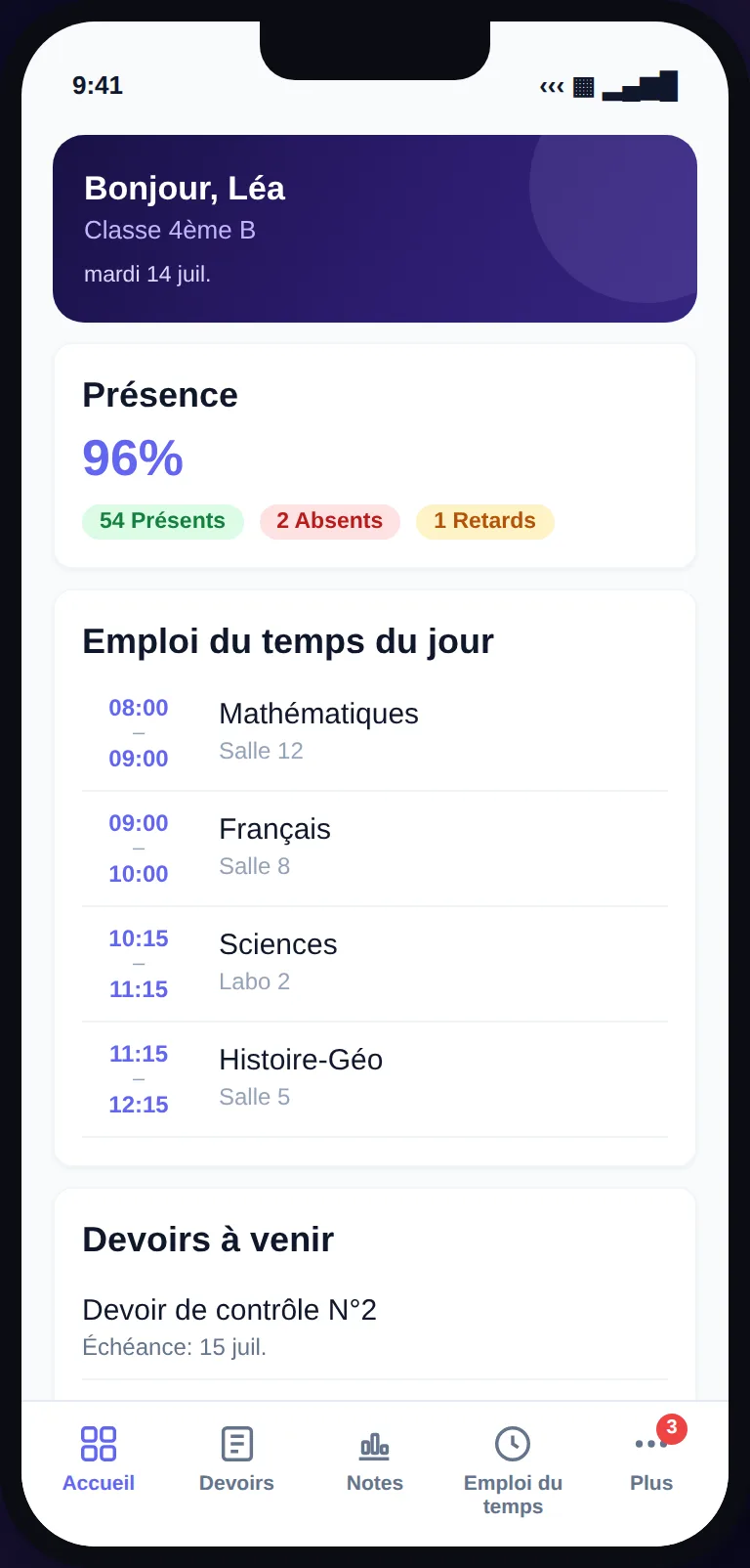 Application élèves Skoolia : emploi du temps et devoirs du jour