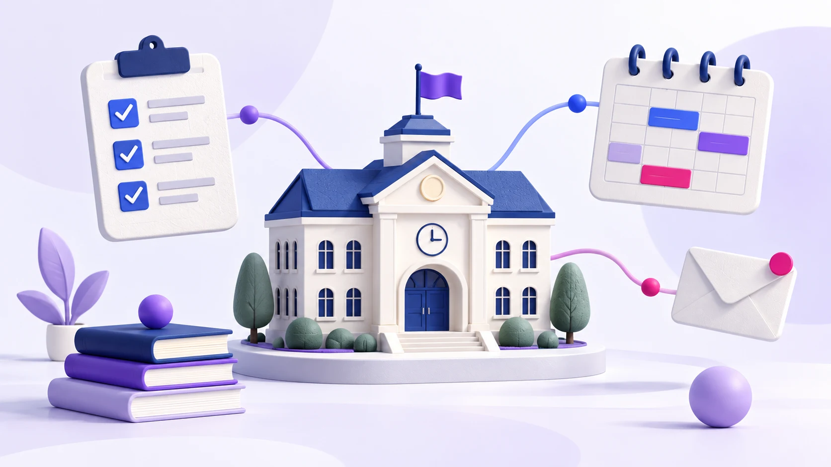 Conceptual illustration of a school connected to lesson planners and timetable blocks