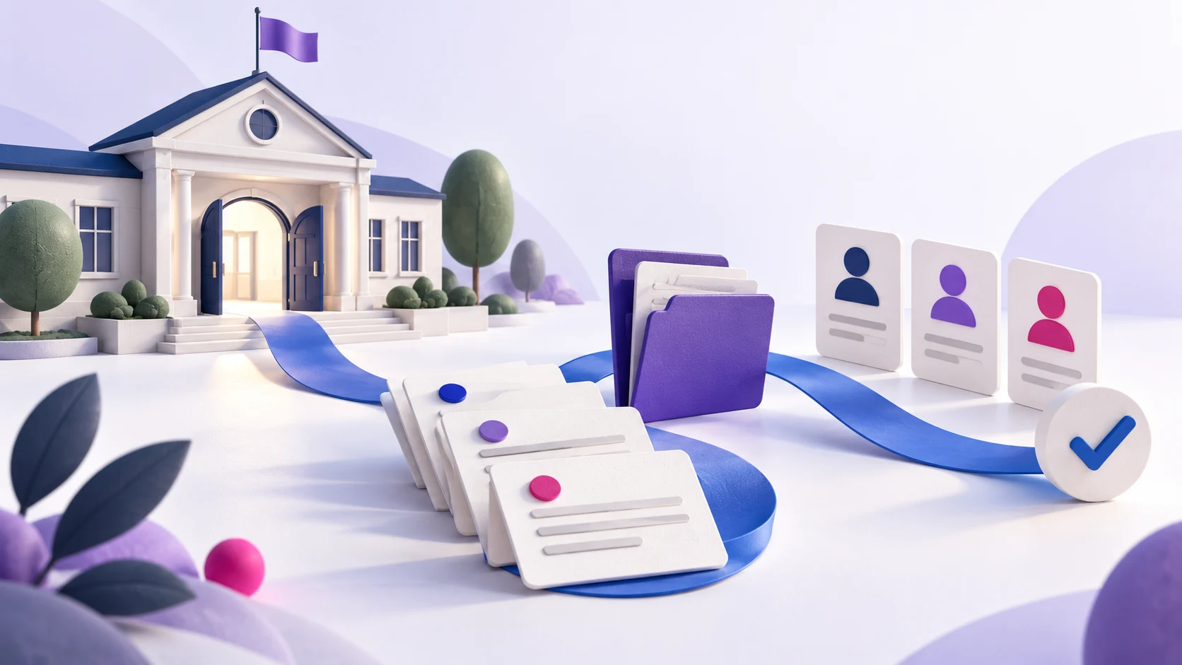 Conceptual illustration of a welcoming school entrance, application cards and organised records
