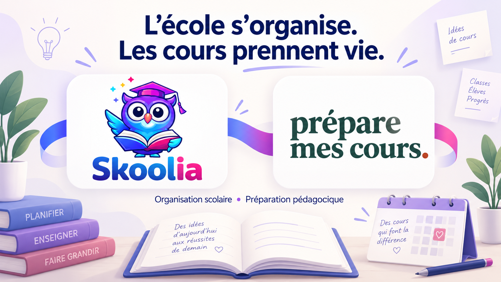 Logos Skoolia et Prépare Mes Cours réunis : organisation scolaire et préparation pédagogique