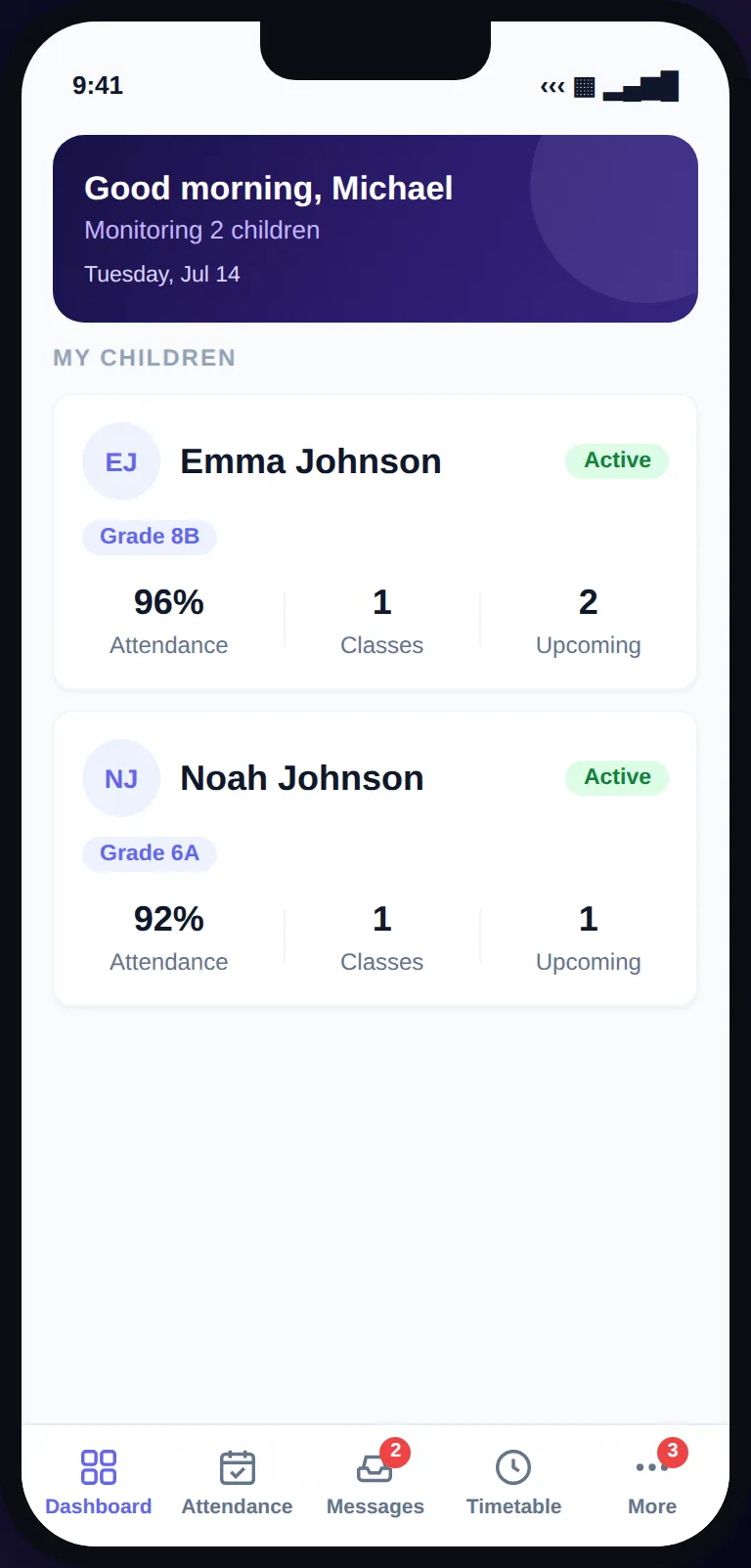 Skoolia mobile app — parent dashboard