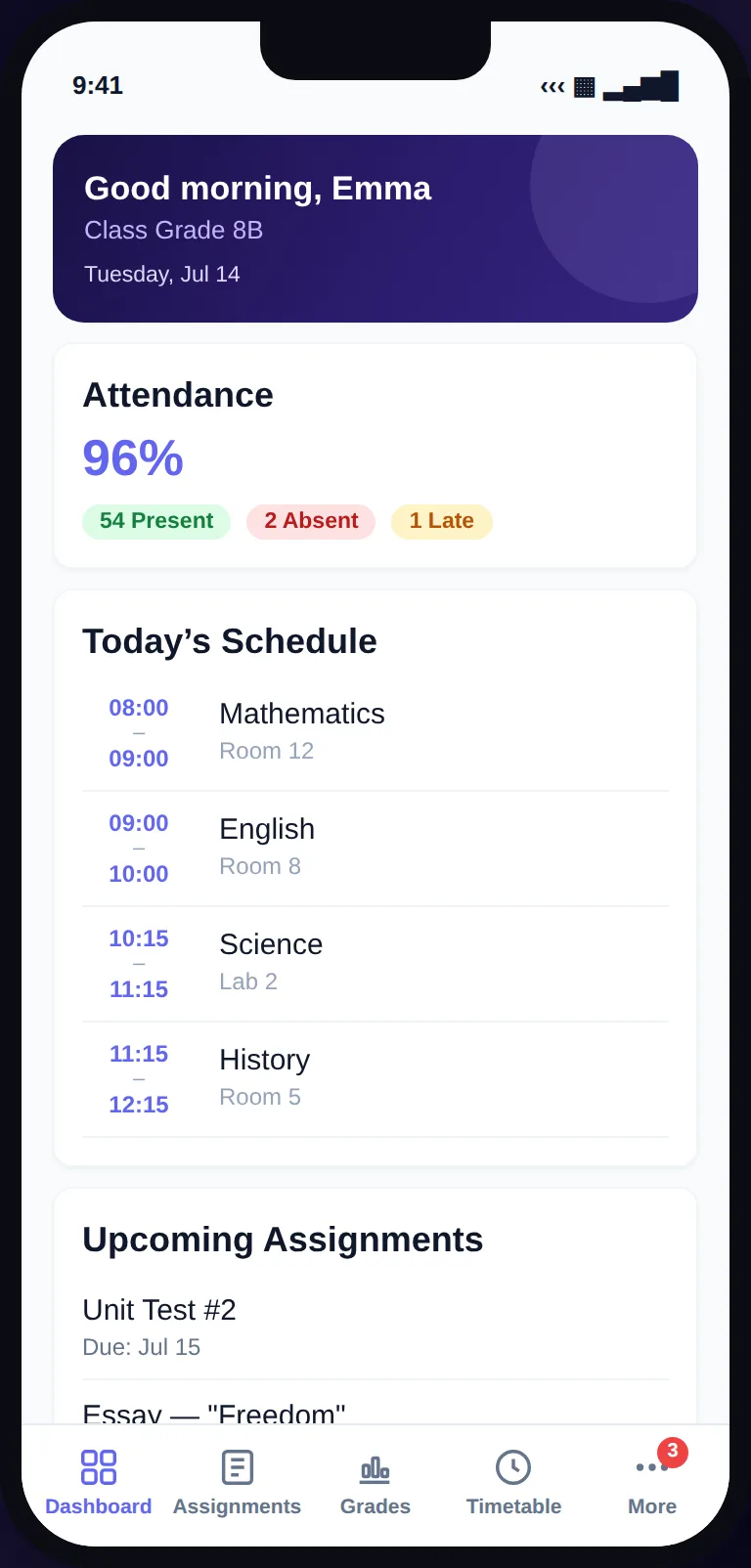 Skoolia mobile app — student dashboard
