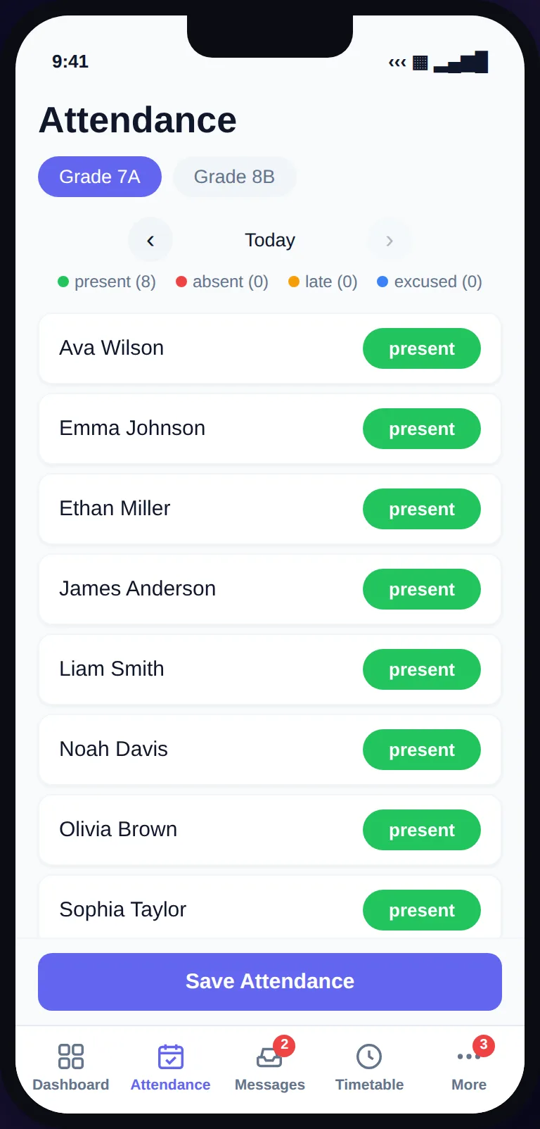 Skoolia mobile app — teacher attendance screen